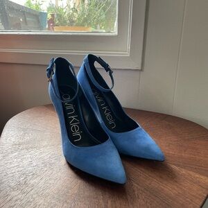 Blue Suede Pumps with Ankle Strap
